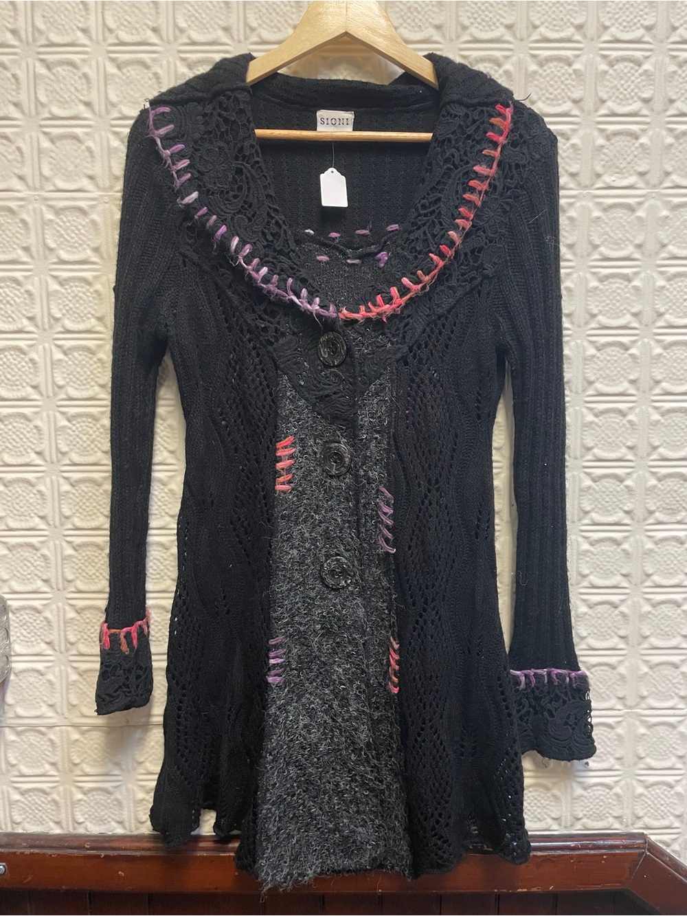 Sioni Black Knit Cardigan with Pink & Purple Accent Stitching